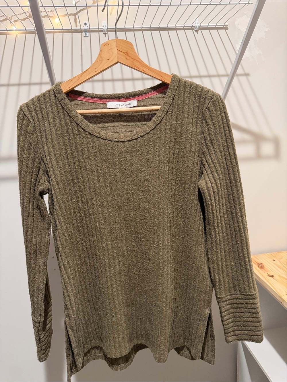 Rose & Olive Ribbed Olive Knit Long Sleeve Top